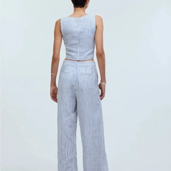 Madewell The Harlow Wide-Leg Pant in 100% Linen White/Blue Stripes Size 8 NWT